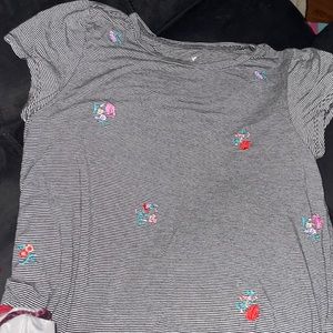 soft black and white stripe top with pink and red flowers